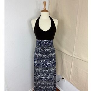 Cache Womens Halter Maxi Dress Small Black Blue White Geometric Tile Print Boho